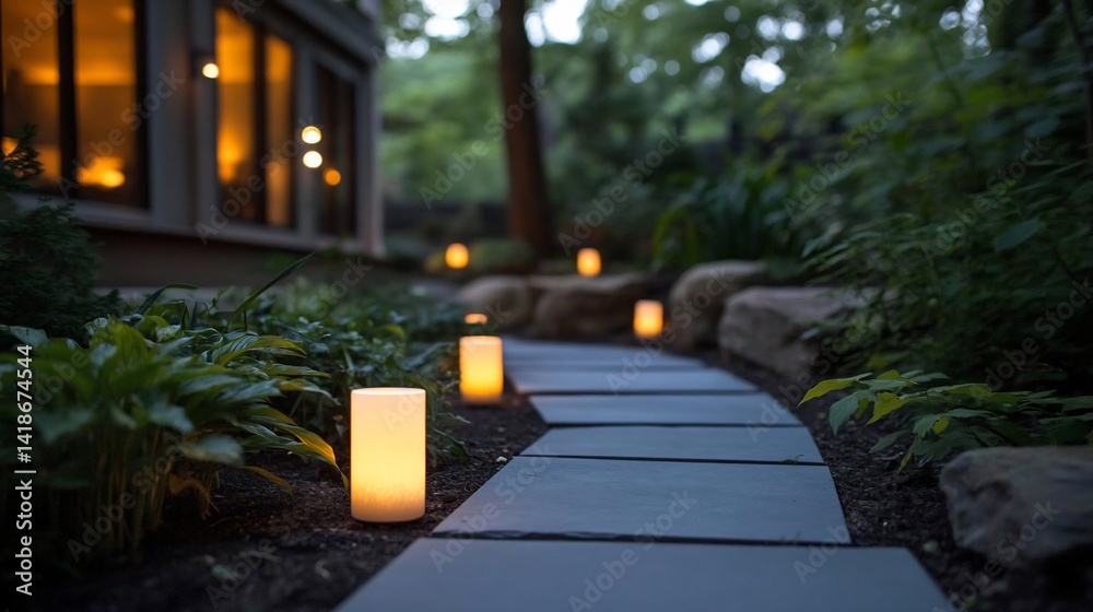 Poster Pathway illuminated by soft candle lights through lush green garden at dusk with blurred background effect creating a tranquil ambiance