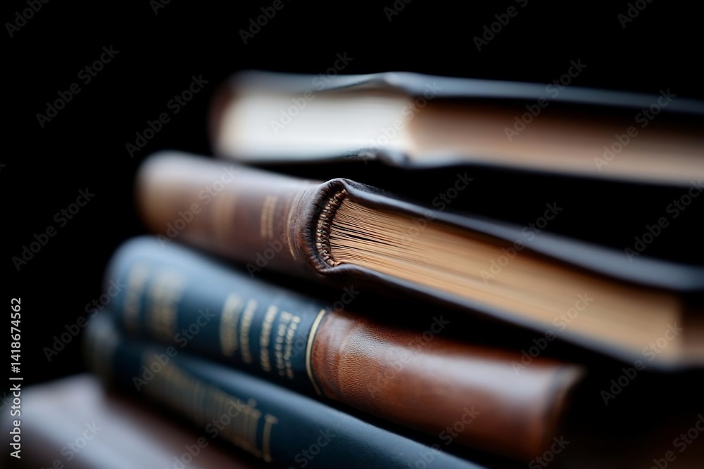 Poster close-up of stacked vintage books with textured leather bindings and gold-gilded pages set against a