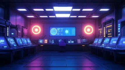 Fototapeta premium Futuristic Control Room with Glowing Displays and Cyberpunk Aesthetics