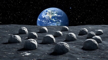 Earthrise viewed from lunar surface, rocks scattered