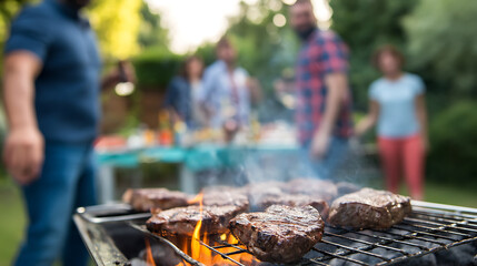 Fototapeta premium Barbecue party with people in the background, grilled steak, grilled meat, fire, summer party, barbecue in the garden, people having fun, family and friends, bbq