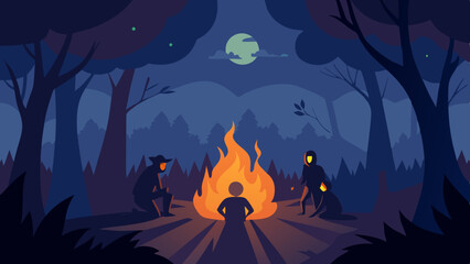 Halloween Campfire in Dark Forest Spooky Story Scene