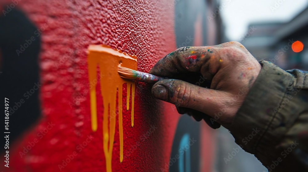 Poster close-up view of a hand using a brush to paint vibrant orange and yellow paint on a red wall with bl