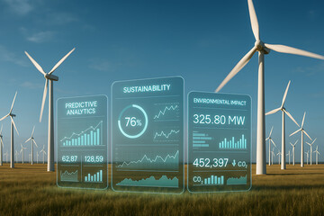 wind turbines in open field with digital panels showing sustainability predictive analytics and environmental impact data visualizations for clean renewable energy and green technology insights