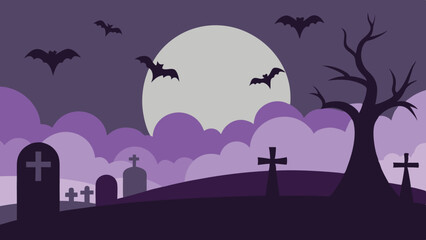 Spooky Graveyard Scene with Fog and Flying Bats Halloween