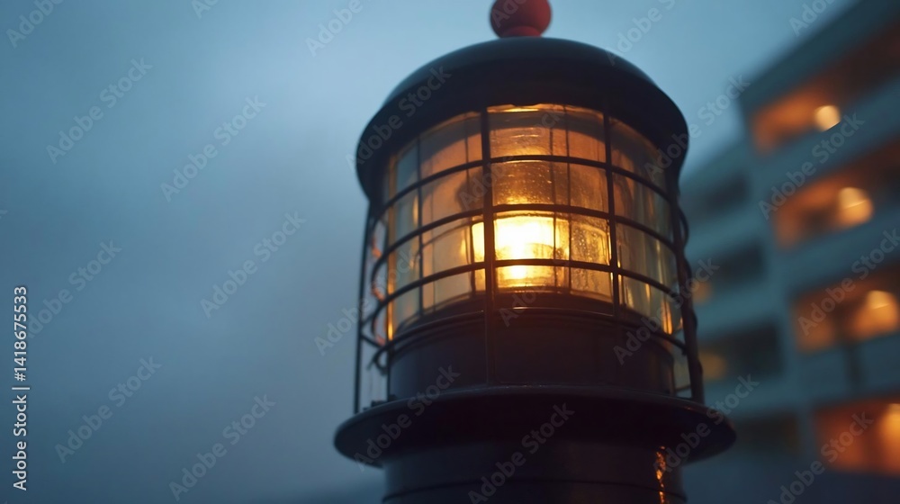 Poster close-up of a lit lantern with a warm glow against a foggy background in a coastal setting. the obje
