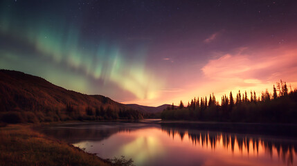 Obraz premium Aurora borealis, northern lights above forest. Night sky with polar lights. Night winter landscape with aurora and reflection on the water