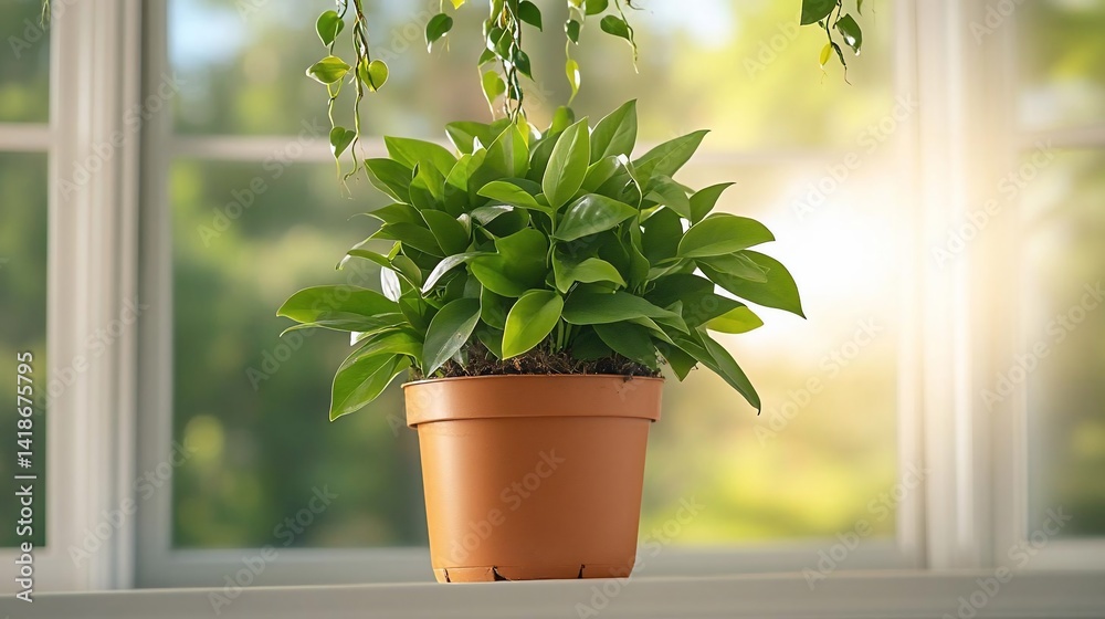 Poster a potted green plant sits in front of a bright window with a blurred green background suggesting a g