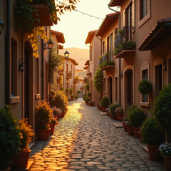 Fototapeta premium Village de matin, éclairé par les rayons d'or du lever du jour, teintes de terre et ambiance rustique