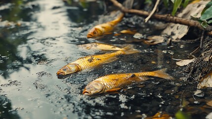 A grim scene showing dead fish floating in a polluted waterway, highlighting the impact of environmental neglect and water pollution.