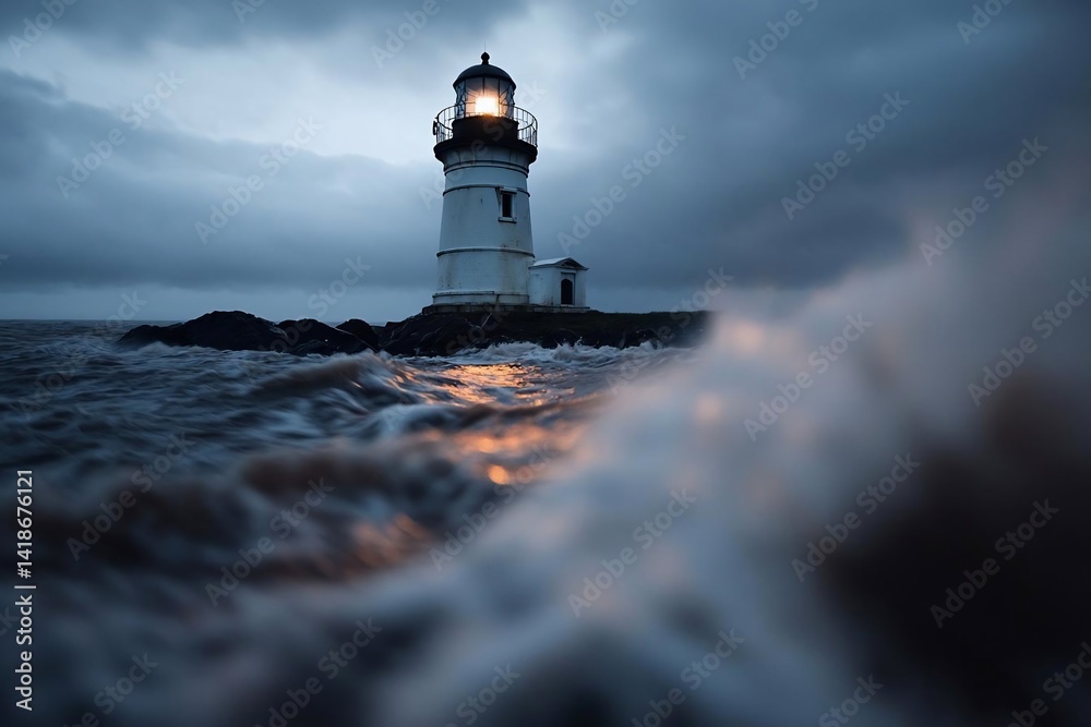 Poster coastal building illuminated at dusk amidst turbulent ocean waves under a dramatic cloudy sky. a sol