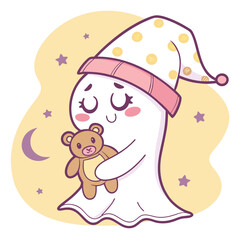 Cute Sleepy Baby Ghost Holding Toy – Bedtime Halloween Nursery Vector