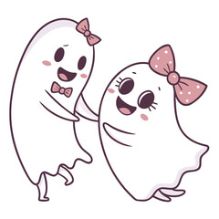 Adorable Ghost with Big Eyes and Bow – Halloween Cartoon Vector
