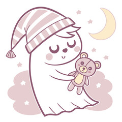 Cute Sleepy Baby Ghost Holding Toy – Bedtime Halloween Nursery Vector


