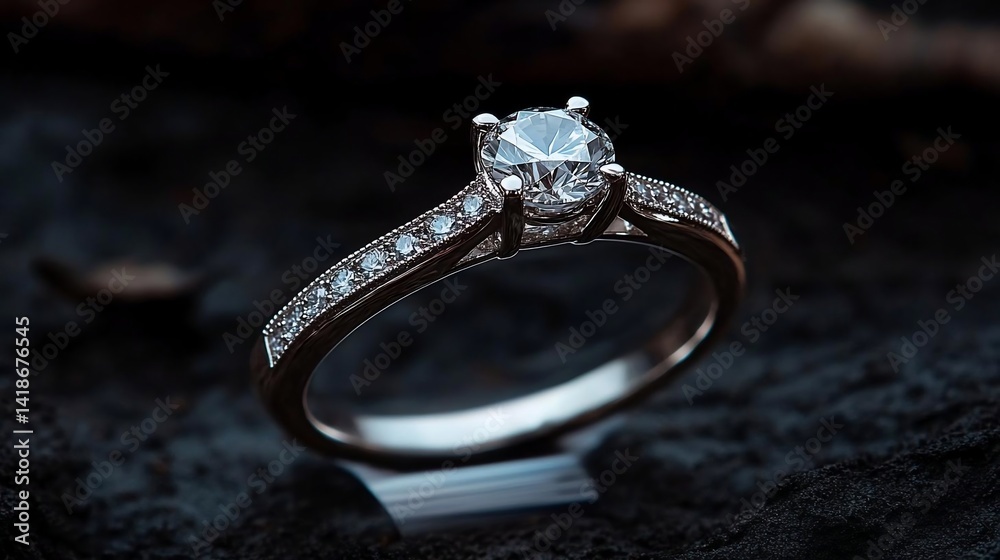 Poster close-up of a diamond ring resting on a dark textured surface, showcasing the intricate details of t