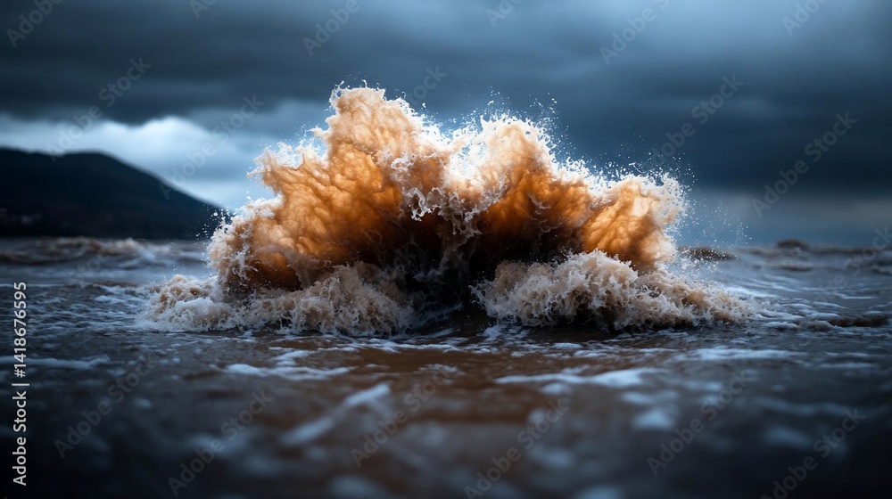 Poster close up view of water splash against a dark cloudy sky and mountain in the background. capture show