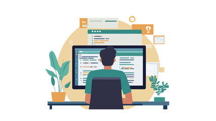 Fototapeta premium The illustration showcases a stylized depiction of a programmer seated before a desktop computer. The view is from behind the individual, emphasizing the act of coding rather than facial features
