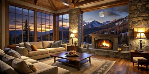 Cozy Living Room with Fireplace and Mountain View in Night Photography
