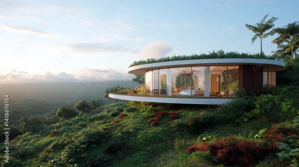 Poster modern architectural design house with expansive glass windows and lush greenery on a hilltop overlo