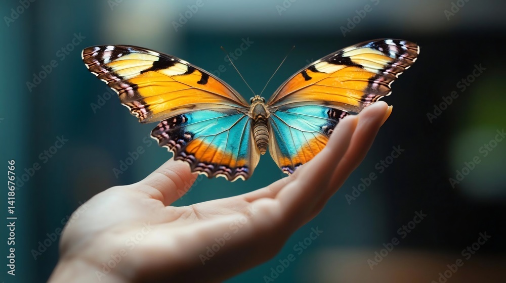 Aufkleber a vibrant butterfly with orange and teal wings rests delicately on a person's open palm against a so