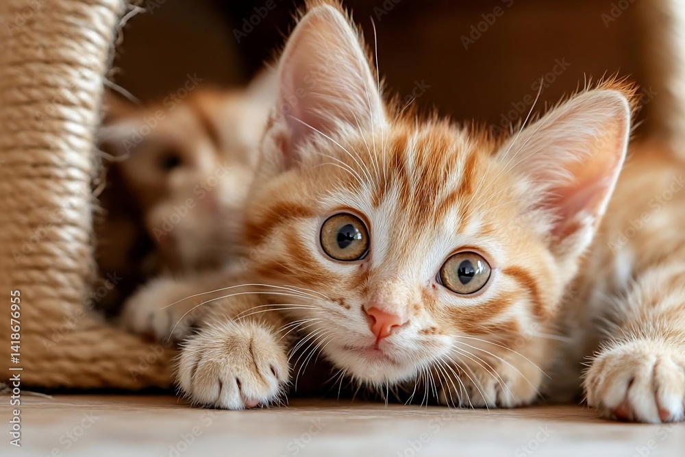 Leinwandbilder Close-up of orange tabby kittens with expressive eyes resting near a textured scratching post against a soft-focus background showing another kitten. Natural lighting and shallow depth of field