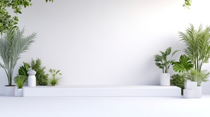 White Platform Tropical Plants Minimalist Style High Resolution Wide Angle View Clean Lines Peaceful Setting Serene Green Tones Product Display Background