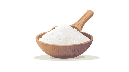 Close-up macro shot of a small, shallow wooden bowl filled with a significant amount of fine, white, granular substance. The substance exhibits a uniform texture with subtle variations in light