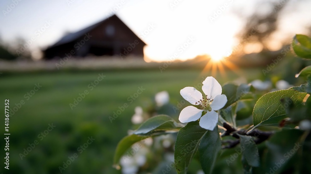 Fototapete a close-up shot focuses on a white blossom in bloom with the sun setting behind it creating a golden
