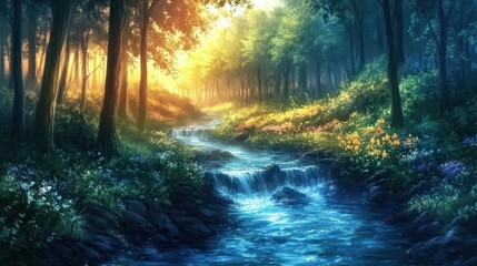 Obraz premium Enchanting forest landscape with vibrant flora and a cascading stream of pure water