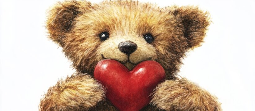 A charming teddy bear displaying a heartfelt red heart on a pristine background