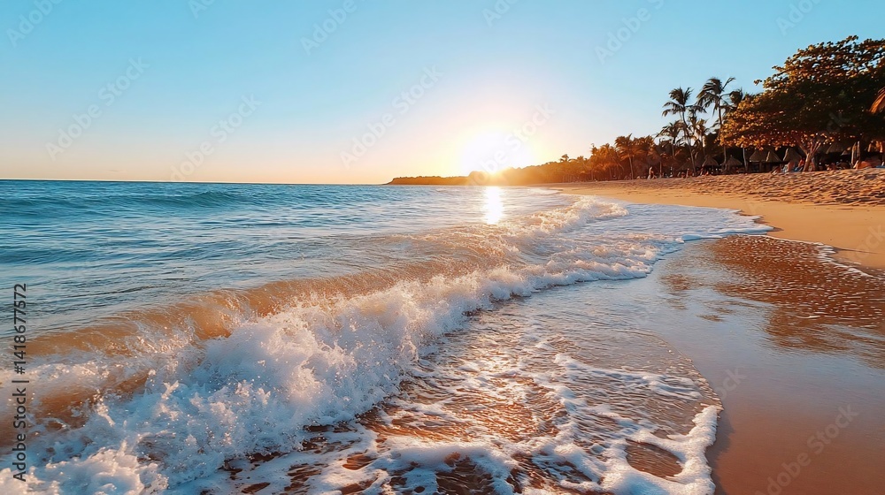 Aufkleber Ocean waves crashing on a sandy beach with sun setting and palm trees in the background creating a tranquil and vibrant scene