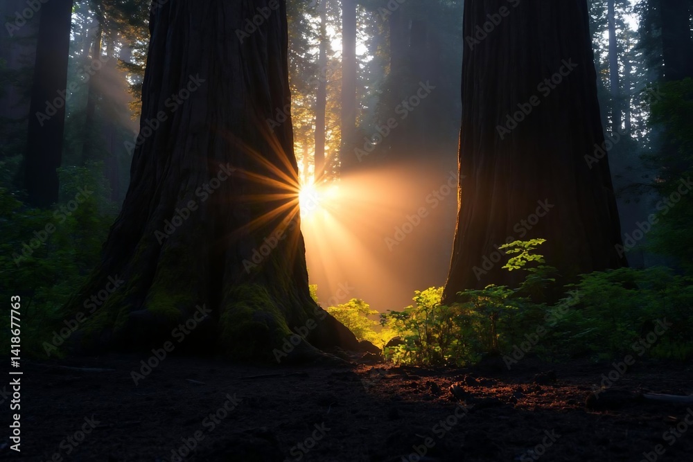 Leinwandbilder Sunlight streams through redwood trees creating a dramatic and warm forest scene with vibrant light and shadow highlighting the ancient trunks and lush greenery. The scene evokes tranquility and