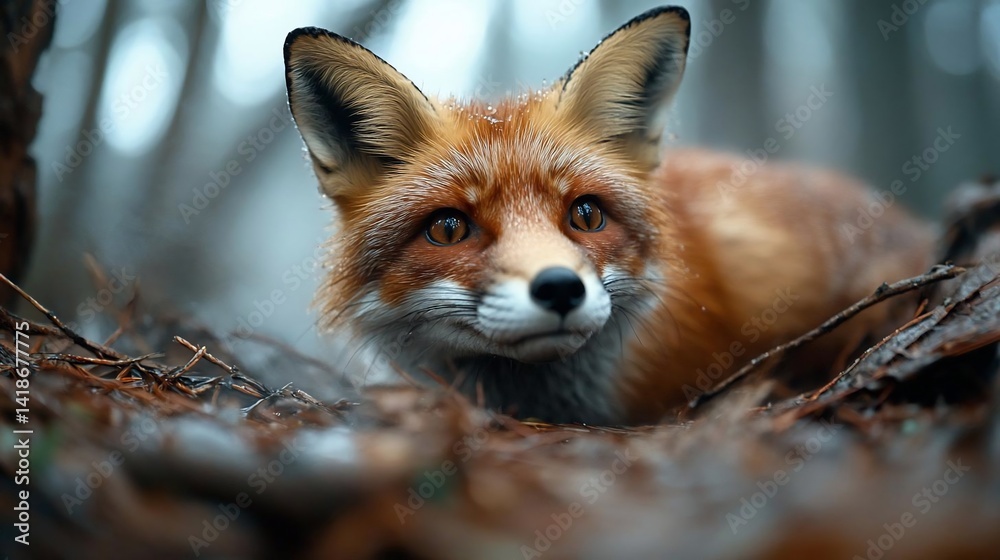 Poster close up portrait of an animal with snow on its fur sitting in a forest environment surrounded by br