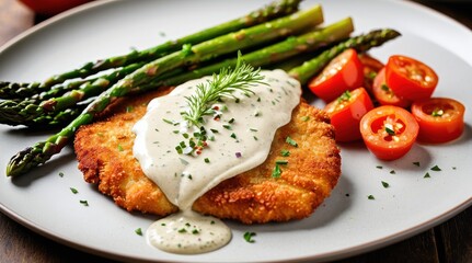 Crispy breaded chicken schnitzel topped with creamy sauce, garnished with fresh herbs, alongside vibrant asparagus and lemon wedges on a plate