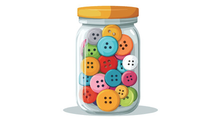 A digitally rendered illustration showcases a transparent glass jar with a yellow lid filled with a diverse collection of colorful buttons. The buttons exhibit variations in size