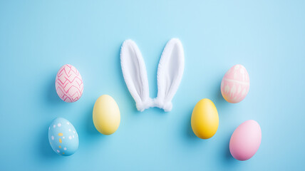 Easter party celebration flat lay, white bunny ears, colorful pink, yellow, and blue eggs arranged neatly on pastel blue background