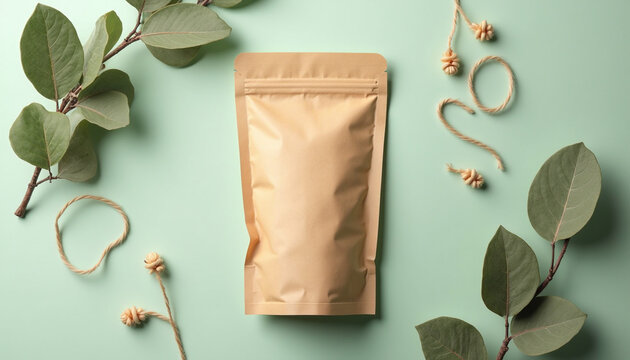 A brown paper bag surrounded by green leaves and twigs.