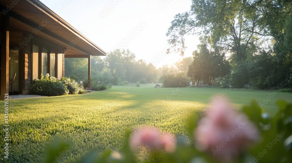 Aufkleber Lush green lawn extends from a wooden-roofed structure into a sunlit landscape with trees under a bright sky. Foreground features pink flowers adding a gentle touch