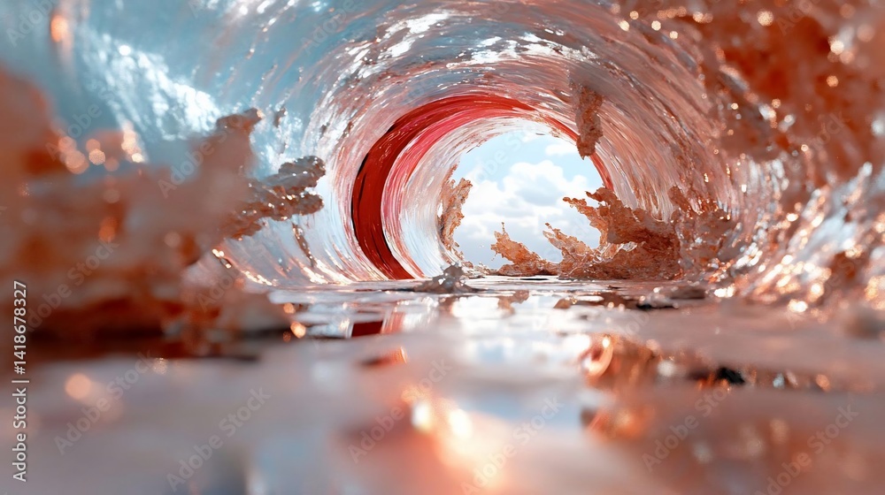 Aufkleber Dramatic view from inside of a wave tunnel with textured water details. Light reflects creating a dynamic and artistic perspective of the ocean's power and beauty. Sky view at the end