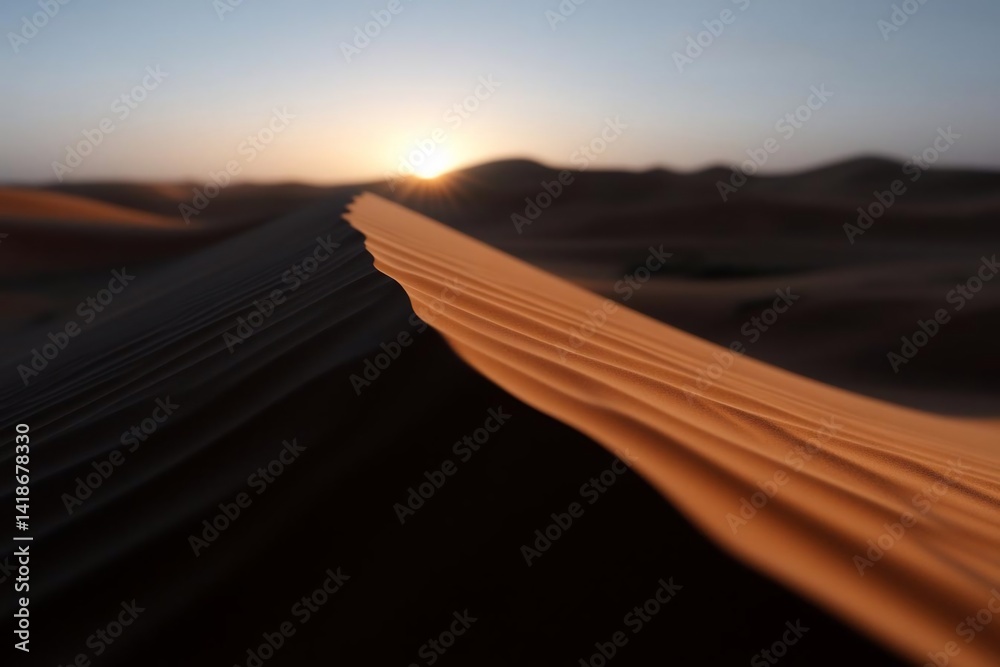 Poster dramatic desert landscape at sunset featuring a dune in sharp focus with textured ridges. warm light