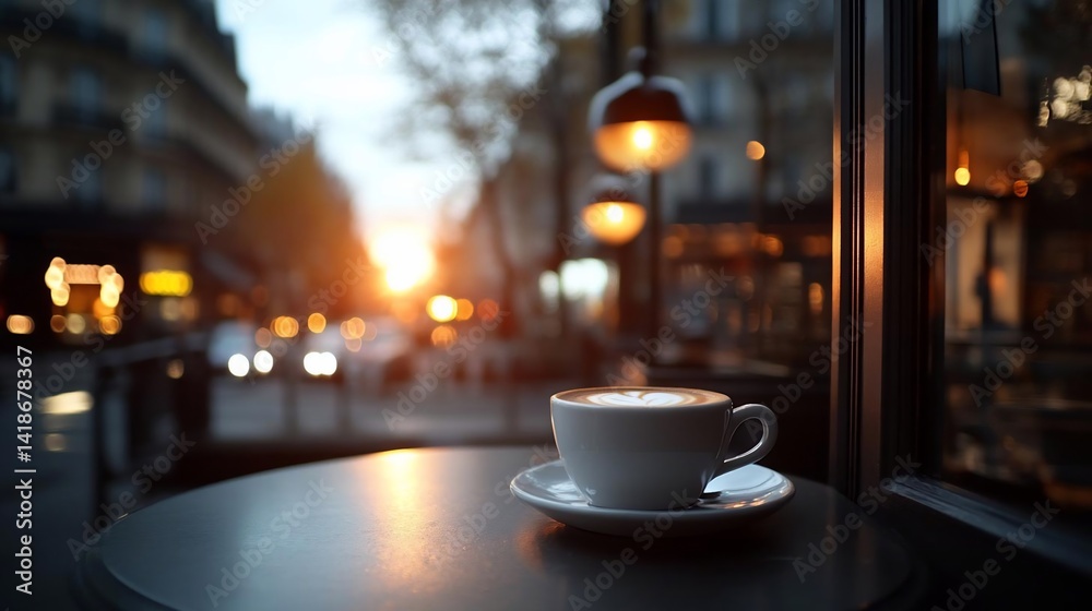 Poster a warm cafe scene featuring a cup of coffee on a table with a blurred street view and golden hour li