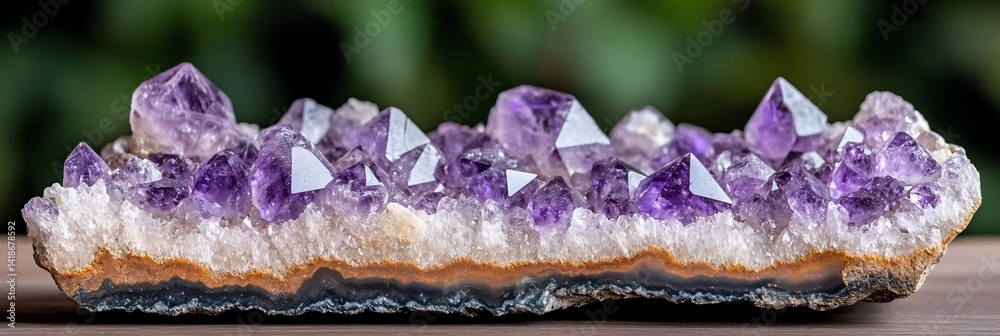 Poster close up of a vibrant crystal cluster with multiple purple and white crystal formations on a brown a