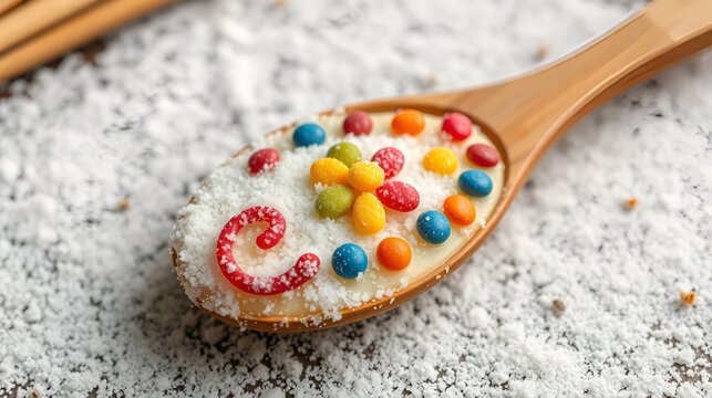 sweet sugar spreading pastry decoration on wooden spoon, Sweet and colourful traditional Jeeraka midai, Spice color Fencel insulated