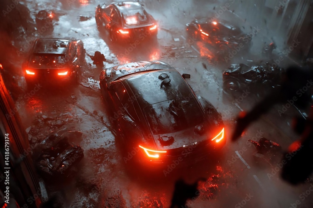 Poster Dramatic scene of vehicles driving through heavy rain at night illuminated by red headlights creating a moody atmosphere in an urban setting with a blurred background