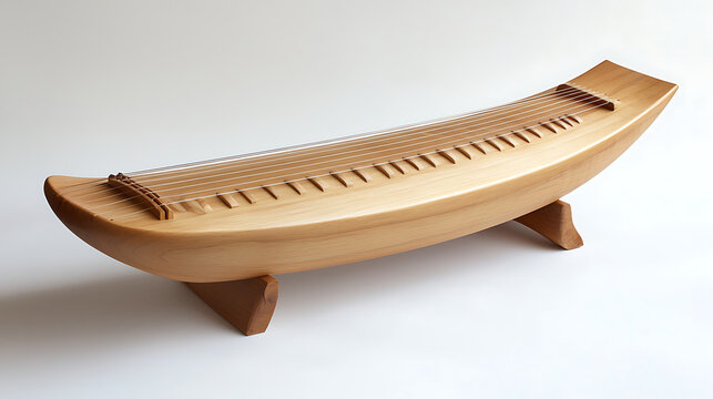 A wooden boat with a stringed instrument on top of it