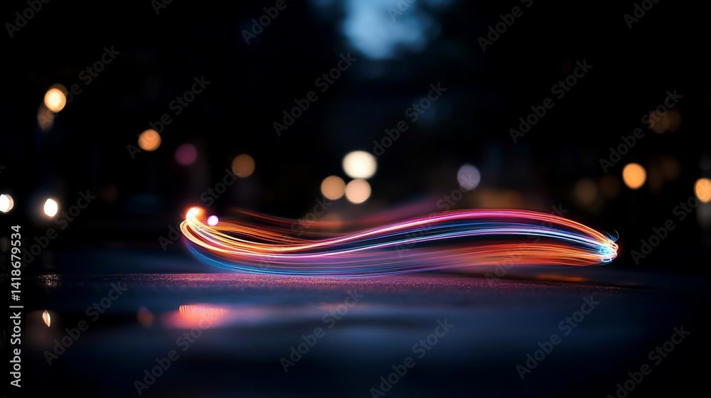 Aufkleber Abstract light trails across a wet surface with vibrant colors and bokeh background suggesting motion and urban environment at night