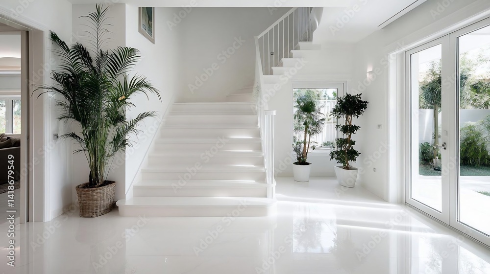 Fototapete modern interior featuring a bright white staircase with natural light and greenery accents creating 