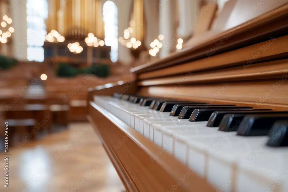 Poster close-up view of a piano keyboard with wooden casing inside a church or hall. soft lighting and a bl