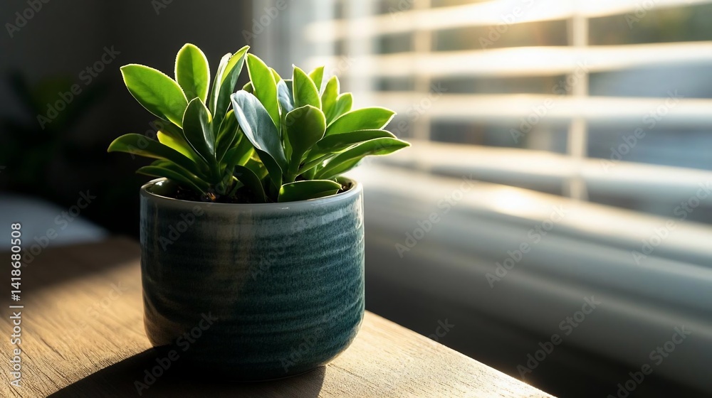 Aufkleber close-up of a potted green plant on a wooden surface illuminated by sunlight through a window creati