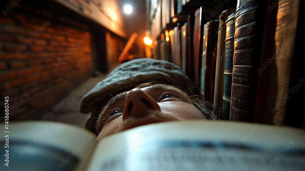 Poster close-up perspective of a person reading a book in a dimly lit library setting. focus on face near t
